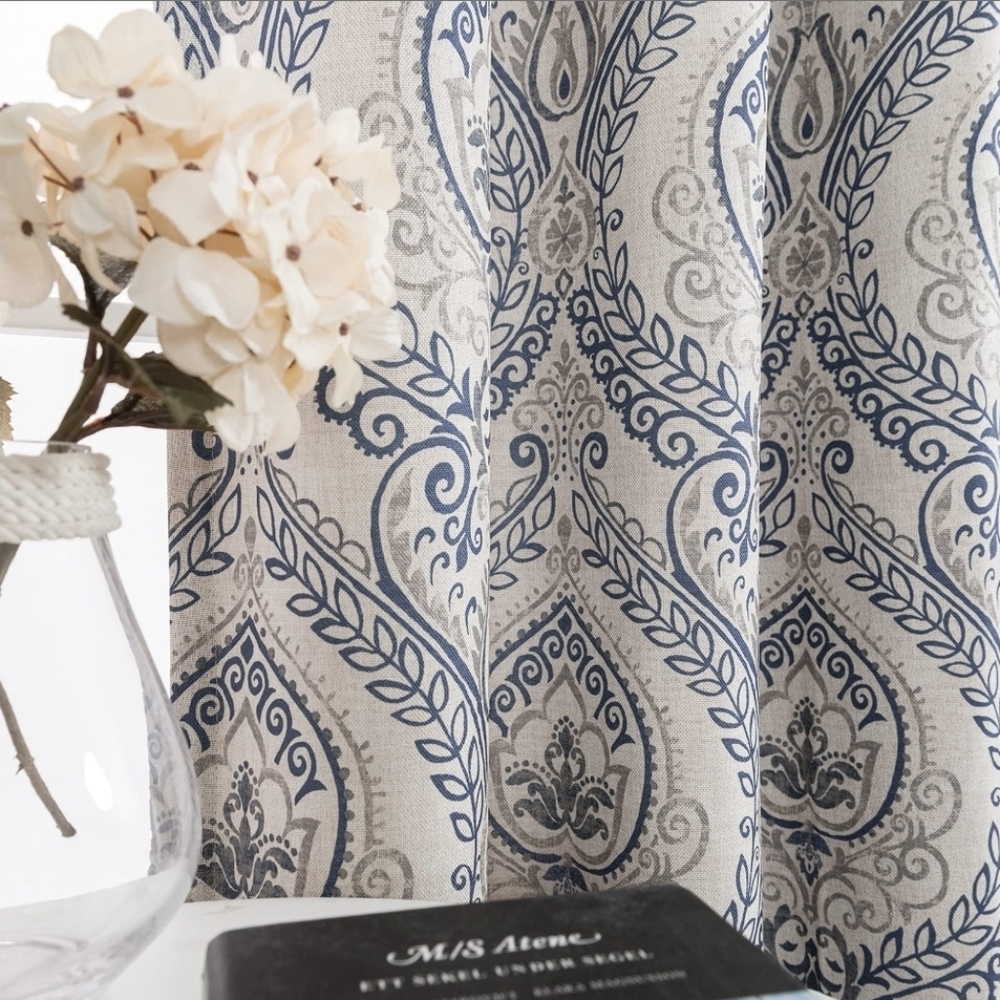 Blue on Greige Linen Textured Medallion Damask Room Darkening Curtains
